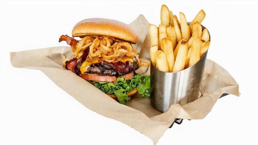 Cowboy Burger · Smoky BBQ, bacon, cheddar, onion straws