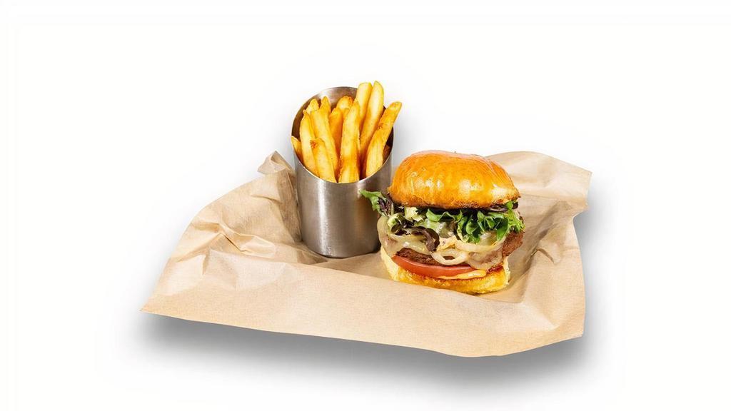 Spicy Leaf-Eater · Beyond Patty, melted pepper-jack, grilled onions, sliced tomato, sriracha mayo, mixed greens, brioche