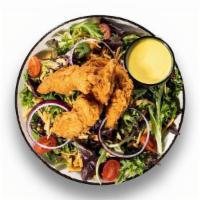 Crispy Chicken Salad · Chicken tenders, sharp cheddar, grape tomatoes, red onion, sliced cucumber, honey mustard