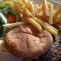 Greek Burger · Served with Greek salad, French fries & coleslaw