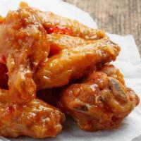 Jumbo Chicken Wings(6Pcs) · Fried Chicken wings with sweet chili sauce on the side.