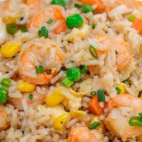 Shrimp Fried Rice · Shrimp fried rice with egg, scallion, peas, corn and carrot.