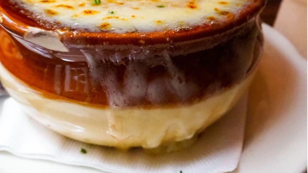 French Onion Soup · Garlic Thyme Croutons, Gruyere, Parmesan