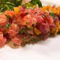 Tuna Tartar Japonaise · Wasabi, Tempura Bits, Pickled Beech Mushroom, Breakfast Radish, Herb Salad