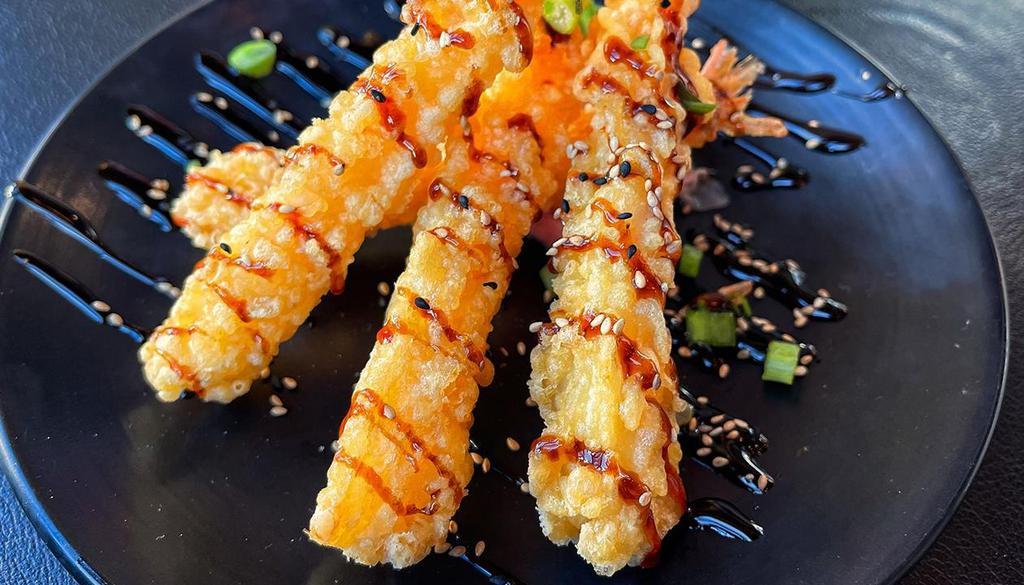 Shrimp Tempura • · Crispy Shrimp Tempura (6pcs), Unagi Sushi Sauce, Pickled Vegetables, & Sesame Seeds