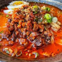 Spicy Shio Ramen • · Spicy Pork Broth Seasoned With Salt Tare, Soft Egg, Spicy Ground Pork, Scallions, Seasoned B...