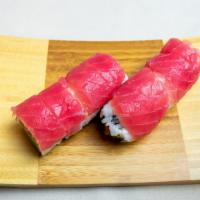 Red River Roll · Salmon, avocado, wrapped with tuna on top.
