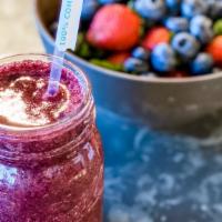Berry Bliss · Strawberries and blueberries, banana, coconut water, orange juice.