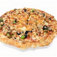 Chicken Supreme Naanizza · Stuffed with chicken mince and topped with chicken tikka, onions, green peppers, mushrooms, ...