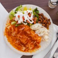 Enchiladas · Two soft corn tortilla topped with chipotle sauce and monterey jack cheese. Served with rice...