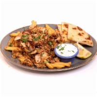 Chicken Gyro Platter · Thinly sliced chicken gyro. Served with pita bread, homemade tzatziki sauce, and a single ch...
