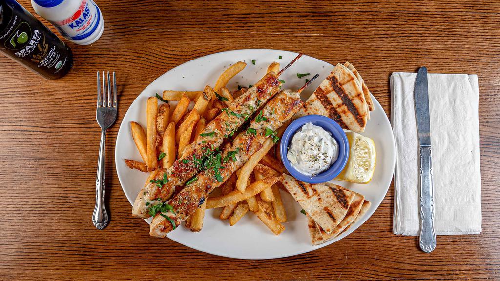 Chicken Souvlaki Platter · Two skewers of marinated chunks of chicken, seasoned with lemon juice. Served with pita bread, homemade tzatziki sauce, and a single choice of french fries, lemon potatoes, rice, along with a side of salad, or a cup of soup.
