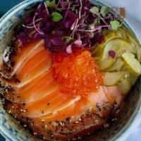Salmon Sashimi Donburi · Sashimi Over Rice, Ikura, Shiso, Cucumber