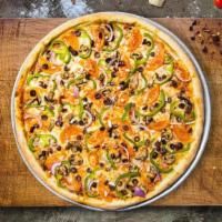 Veggies Pizza · Bell peppers, mushrooms, kalamata olives, spinach, broccoli, and feta cheese baked on a hand...