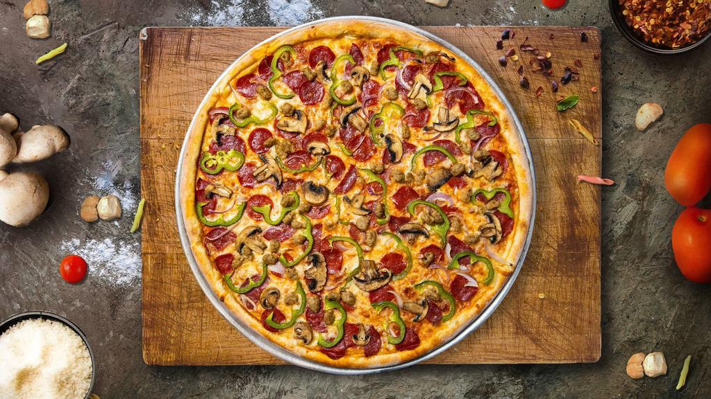 Supreme Pizza · Pepperoni, sausage, mozzarella, bell peppers, mushrooms, onions, and olives baked on a hand-tossed dough.