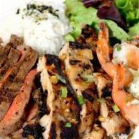 The Ultimate Mix Plate · Choice of: Steak | BBQ Chicken | Garlic Chicken | Garlic Shrimp | Smoked Meat.