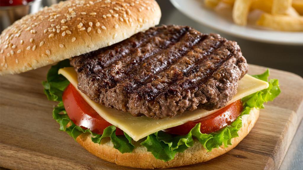 All Beef Burger · Sizzling beef patty topped on with lettuce, tomatoes, and onions.