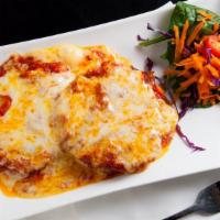 Tower Of Eggplant Parm · Fresh eggplant, breaded & baked with homemade tomato sauce & melted muenster cheese.