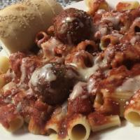Rigatoni Pasta · Pasta covered in our Homemade sauce. With meatballs and Rubinos Fresh Baked Bread