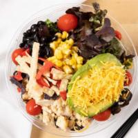 Tex-Mex · Your choice of greens and protein.  Includes black beans, tomatoes, corn, tortilla strips, c...