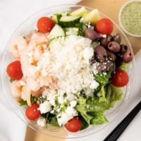 Green Goddess · Your choice of greens and protein.  Includes tomatoes, cucumbers, kalamata olives, onions, f...