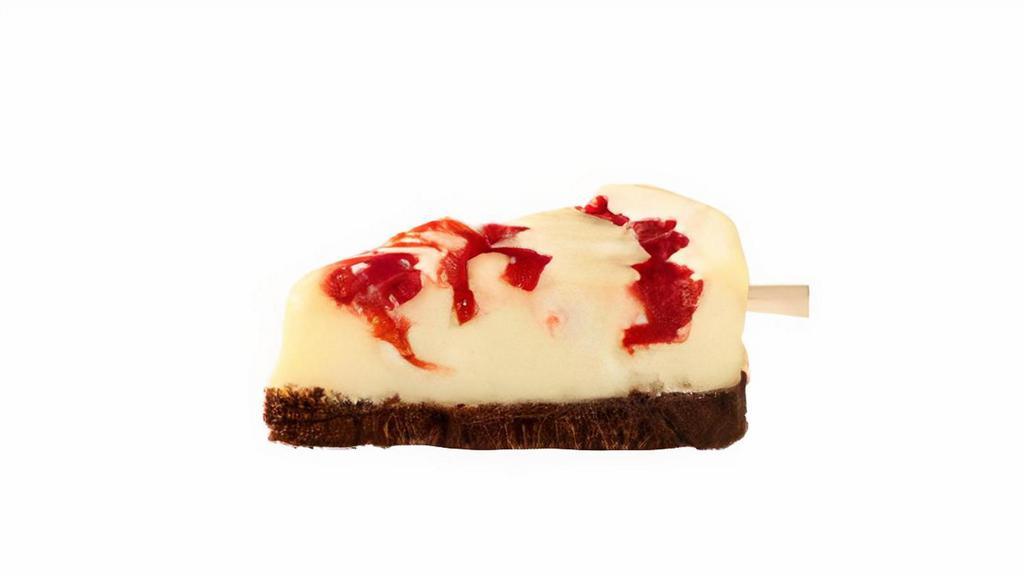 Strawberry Swirl Cheesecake On-A-Stick · Craveable cheesecake with a strawberry swirl on top of a brownie crust.