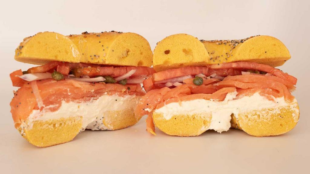 Lox & Cream Cheese Bagel · Sliced lox, cream cheese & your choice of toppings on any bagel.  (PLEASE NOTE:  If we're sold out of your bagel choice, we'll automatically substitute a plain bagel)