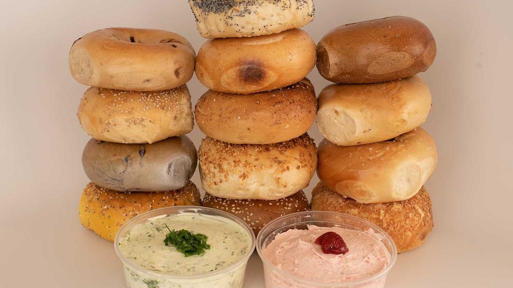 Baker'S Dozen Party Pack · 13 Bagels & any 2 tubs of cream cheese. Please list your bagel choices and cream cheese flavors in the special instructions.  (PLEASE NOTE: If we're sold out of your bagel choice, we'll automatically substitute a plain bagel)