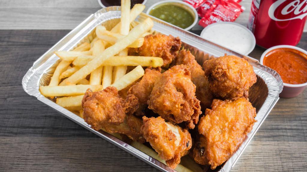 6 Pieces Spicy Hot Wings With Fries & Soda · Six pieces yummy hot wings with fries and soda.
