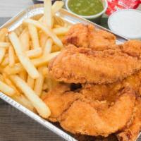 4 Chicken Tenders With Fries & Soda · Four pieces chicken tenders with fries and soda.