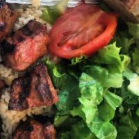 Grill Lamb Shish Kebab · Serve with house salad, grill tomato, rice pilaf and Turkish bread.