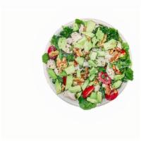 Over Green Salad · Kale, arugula, cherry tomato, pumpkin seeds, chia seeds, walnuts, avocado, chicken and balsa...
