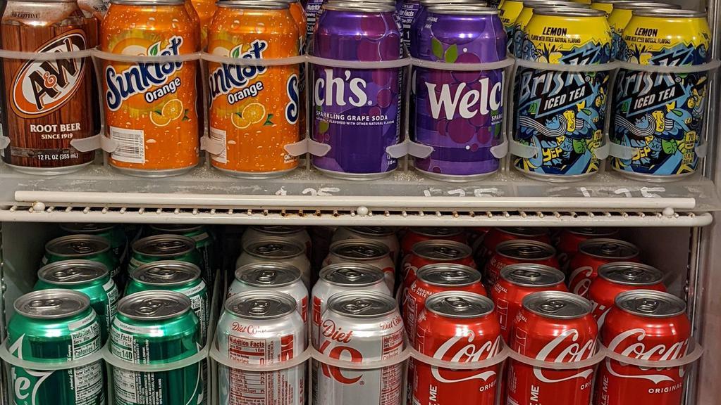 Can Soda · Coke, diet coke, pepsi, gingerale, sprite, root beer, cream soda, orange, seltzer.