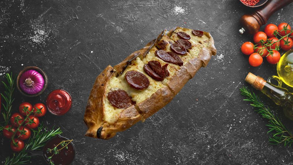 Beef Sucuk Cheese Pide · beef soudjouk and shredded cheese pide