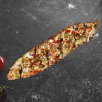 Mixed Veggie Pide · Artichokes, mushrooms, olives, peppers and shredded mozzarella.