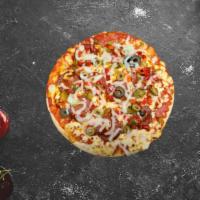 Spicy Beef Sucuk Pizza · Spicy beef sucuk (halal beef pepperoni), black and green olives and pepper.