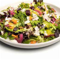 Roasted Beet & Carrot · Roasted beets and carrots, herbed goat cheese, and pickled red onions tossed in a tarragon v...