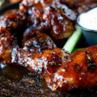 3 Bar-B-Que Wings · Spice-rubbed, pit-smoked, grill finished, with blue cheese dressing & celery. GF