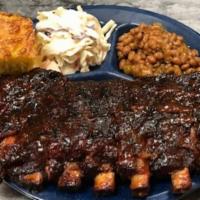 1/2 Rack Ribs · St. Louis Ribs, Dry Rubbed and Slow Smoked, Lightly Glazed with Our Original BBQ Sauce. Incl...