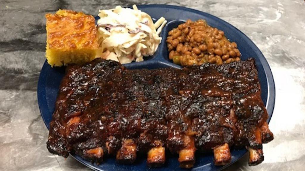 1/2 Rack Ribs · St. Louis Ribs, Dry Rubbed and Slow Smoked, Lightly Glazed with Our Original BBQ Sauce. Includes Two Homemade Sides and Cornbread. GF