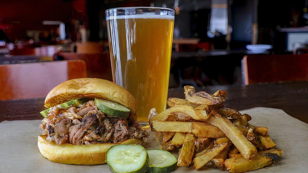 Pulled Pork Sandwich · 1/3 lb. hand-pulled pork shoulder, original sauce, pickles, grilled potato roll. Comes with 1 Side. Remove Roll for GF.