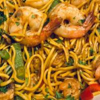 Shrimp Chowmein · Chowmein (yellow noodles) cooked with vegetables and shrimp (contains mushrooms)