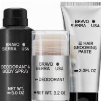 Bravo Sierra Gift Set · 3 oz Hair Grooming Paste, 2 oz Deodrant Body Spray, 3.2 Oz Deodrant