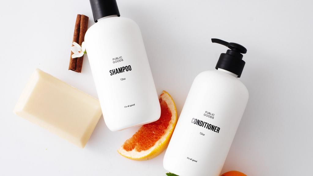 Public Goods Shampoo · Our gentle shampoo is powered by a blend of essential oils to nourish and cleanse your hair, rather than harsh detergents and chemicals that will strip and erode it. Our shampoo leaves hair visibly stronger and cleaner with a subtle, fresh scent - a blend of fresh grapefruit, juicy mandarin, mediterranean herbs and wood - derived from its natural active ingredients.