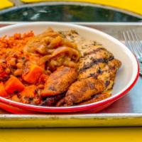 Yassa, Yassa Grilled Chicken Bowl (Gf) · Tangy grilled chicken over jollof rice with caramelized onion sauce.   Bowl includes:
- Joll...