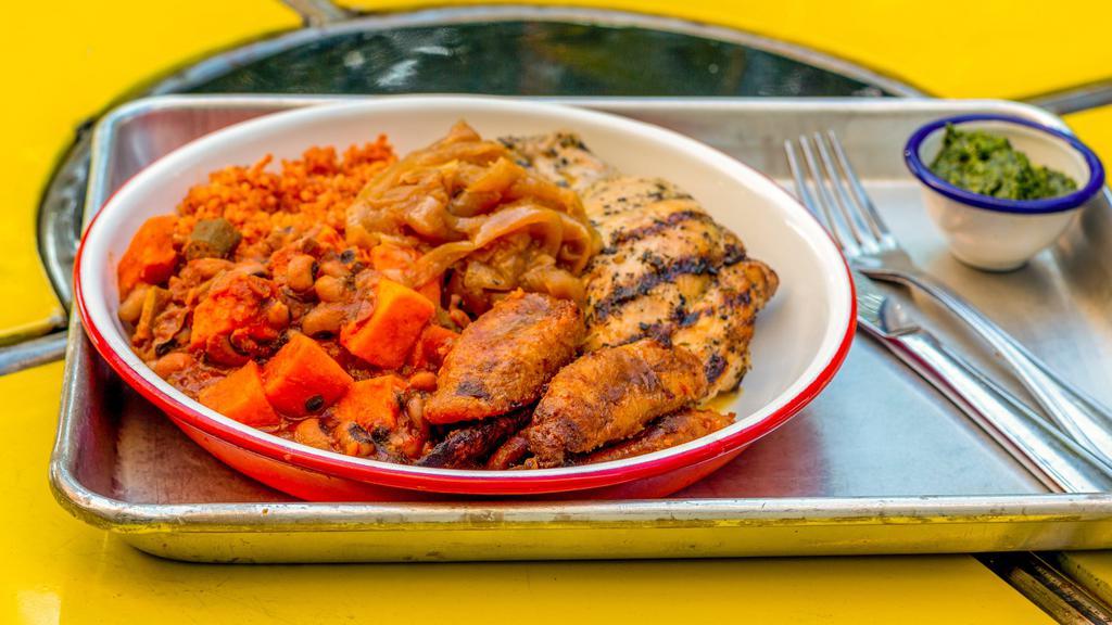 Yassa, Yassa Grilled Chicken Bowl (Gf) · Tangy grilled chicken over jollof rice with caramelized onion sauce.   Bowl includes:
- Jollof Rice
- Grilled Chicken (halal)
-Ndambe (black eyed pea stew)
- Kelewele Sweet Plantains
- Yassa Sauce
- Rof (parsely dipping sauce)