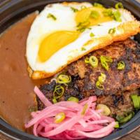 Loco Moco · Rice, onion gravy, hamburger patty, fried egg, and pickled red onions