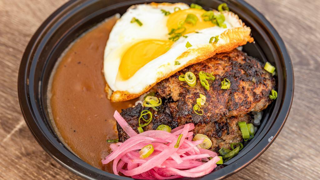 Loco Moco · Rice, onion gravy, hamburger patty, fried egg, and pickled red onions