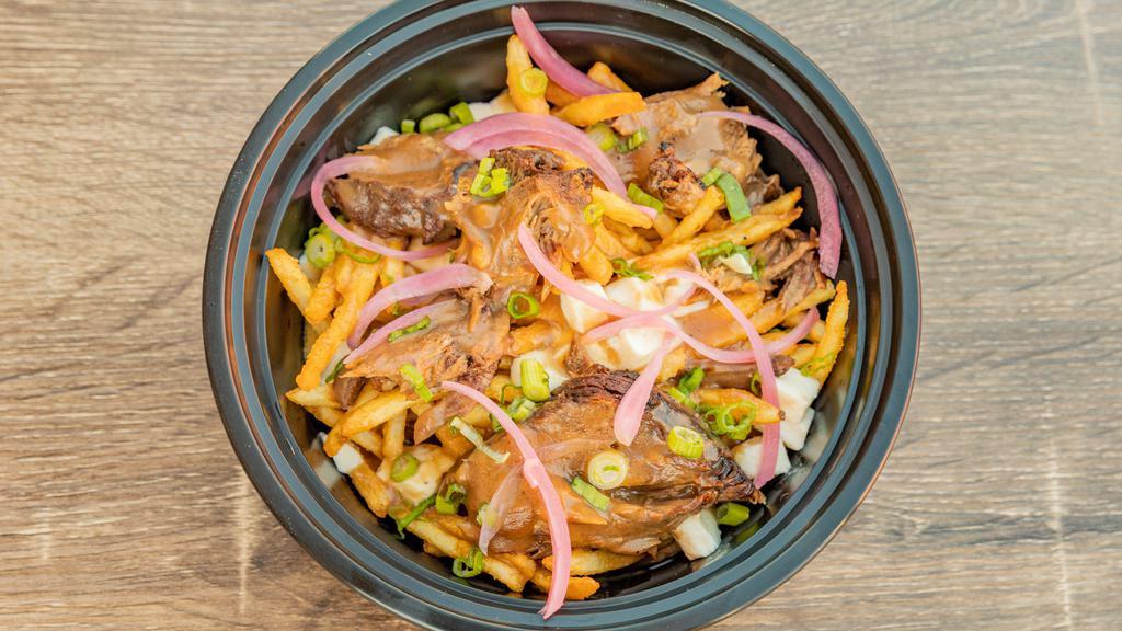 Poutine · Fries with melted cheese, gravy, and pickled red onions. Topped with choice of protein.