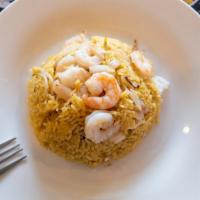Gf Shrimp Fried Rice · Jumbo shrimp stir fried with steamed rice, peas, carrots, white onions, green onions, egg an...